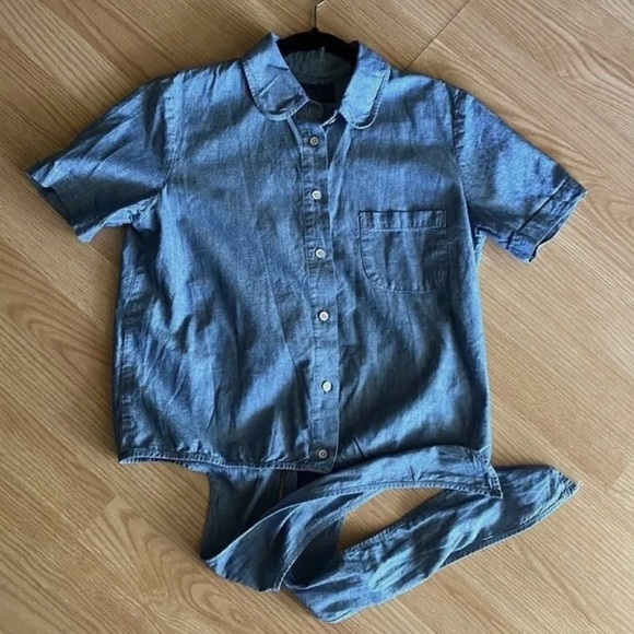New Lucky Brand Holly Glen Button Down Tie in Back Short Sleeve Shirt Denim Crop - Picture 3 of 3